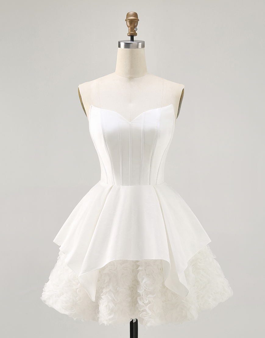 White Strapless A Line Short Corset Homecoming Dress with Ruffles