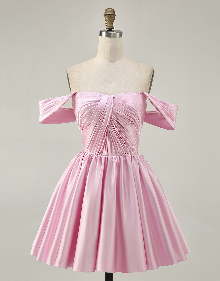 Pink Off the Shoulder Satin A Line Ruched Short Homecoming Dress