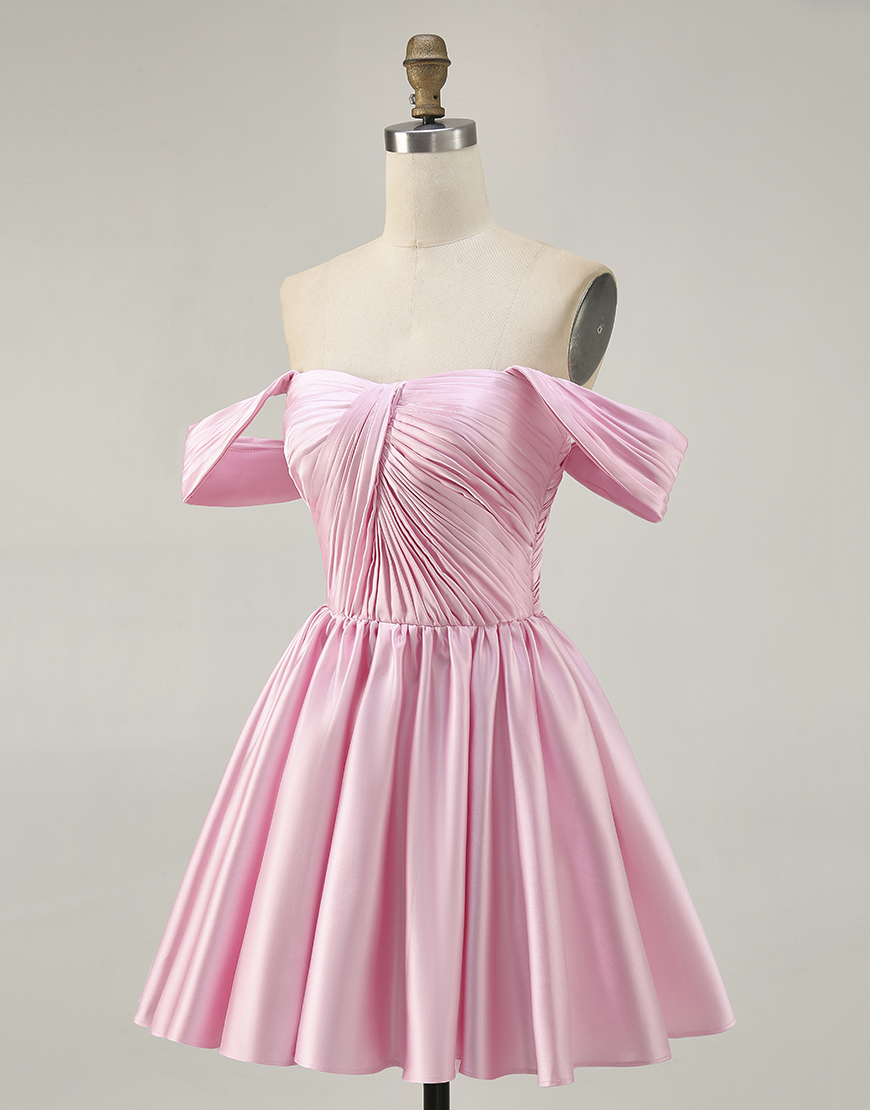 White Off the Shoulder Satin Ruched A Line Short Homecoming Dress