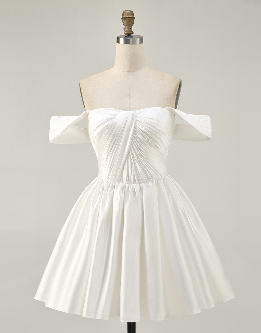 White Off the Shoulder Satin Ruched A Line Short Homecoming Dress
