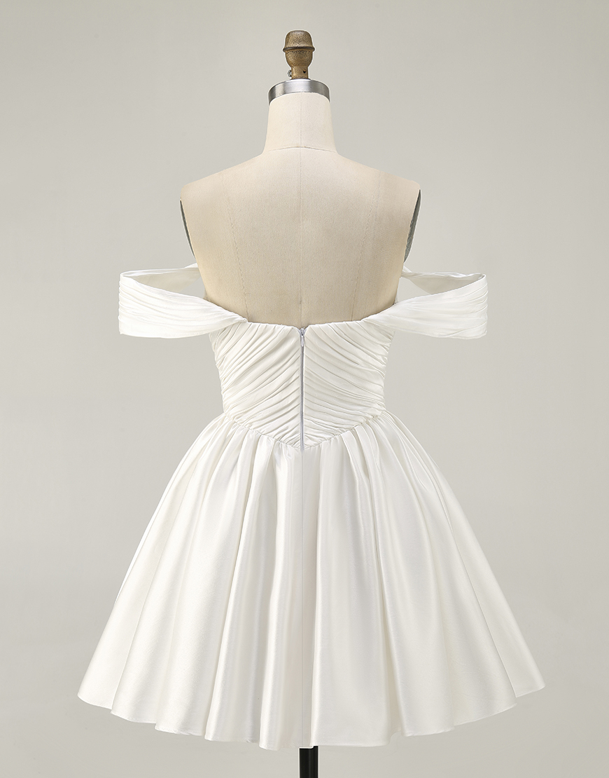 White Off the Shoulder Satin Ruched A Line Short Homecoming Dress