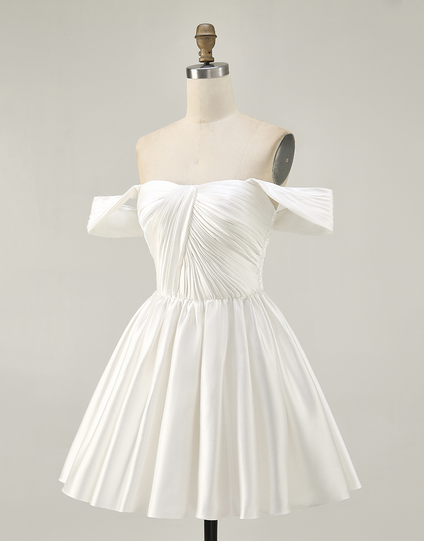 White Off the Shoulder Satin Ruched A Line Short Homecoming Dress