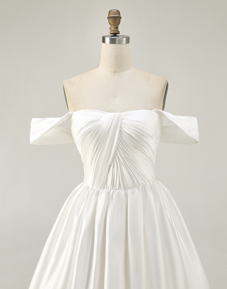 White Off the Shoulder Satin Ruched A Line Short Homecoming Dress