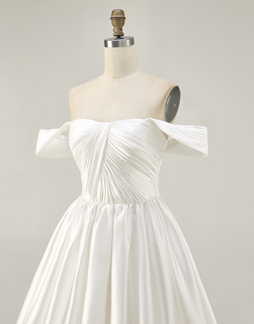 White Off the Shoulder Satin Ruched A Line Short Homecoming Dress