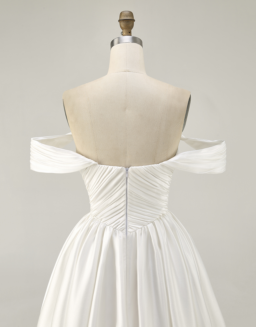 White Off the Shoulder Satin Ruched A Line Short Homecoming Dress