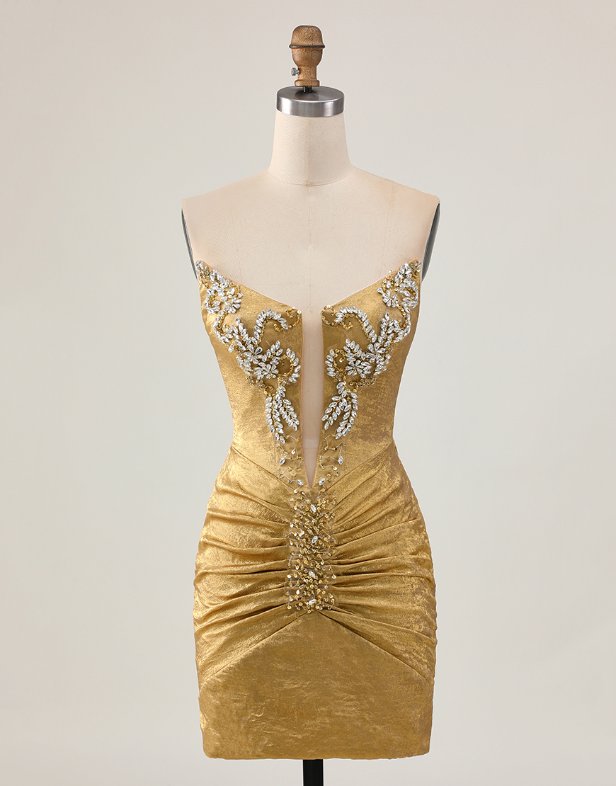 Sparkly Golden Strapless Metallic Short Tight Homecoming Dress with Beading