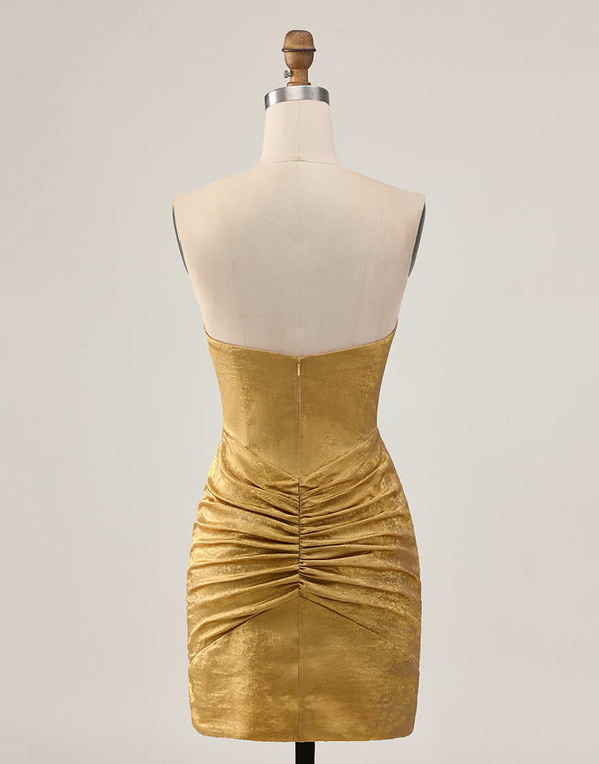 Sparkly Golden Strapless Metallic Short Tight Homecoming Dress with Beading