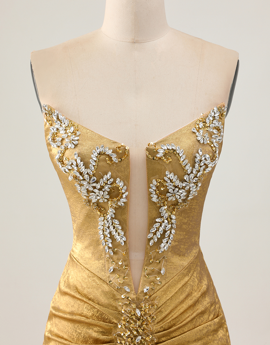 Sparkly Golden Strapless Metallic Short Tight Homecoming Dress with Beading