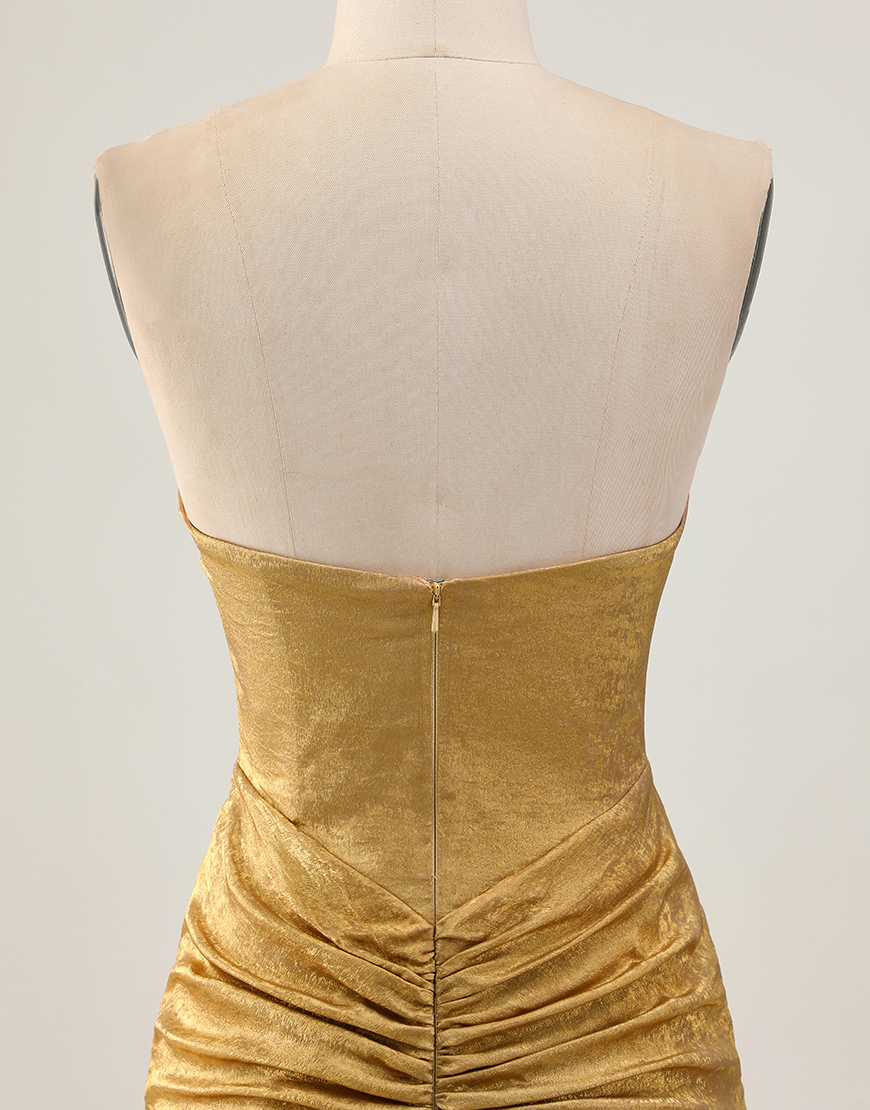 Sparkly Golden Strapless Metallic Short Tight Homecoming Dress with Beading