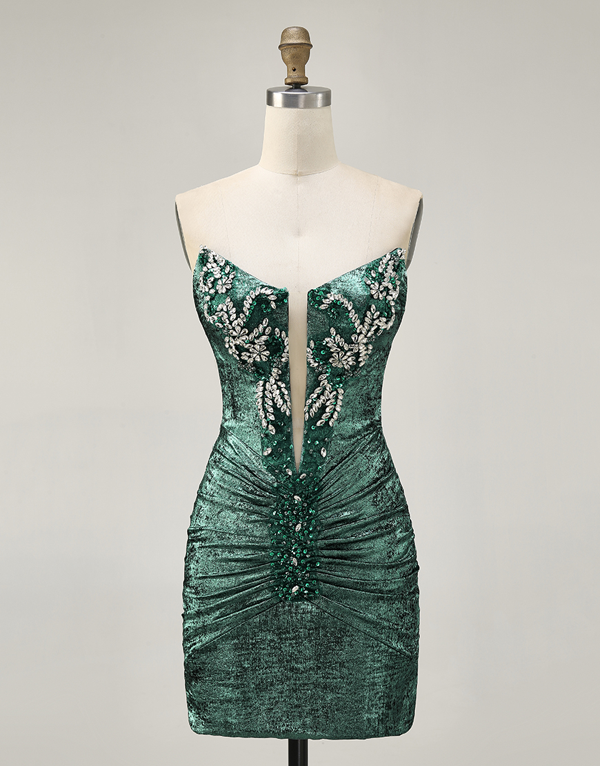 Sparkly Grey Green Metallic Strapless Bodycon Short Homecoming Dress with Beading