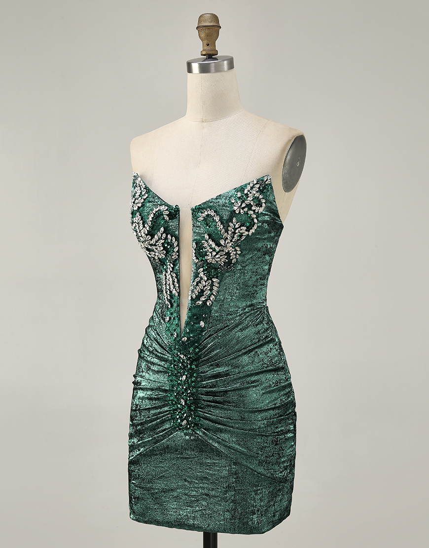 Sparkly Grey Green Metallic Strapless Bodycon Short Homecoming Dress with Beading
