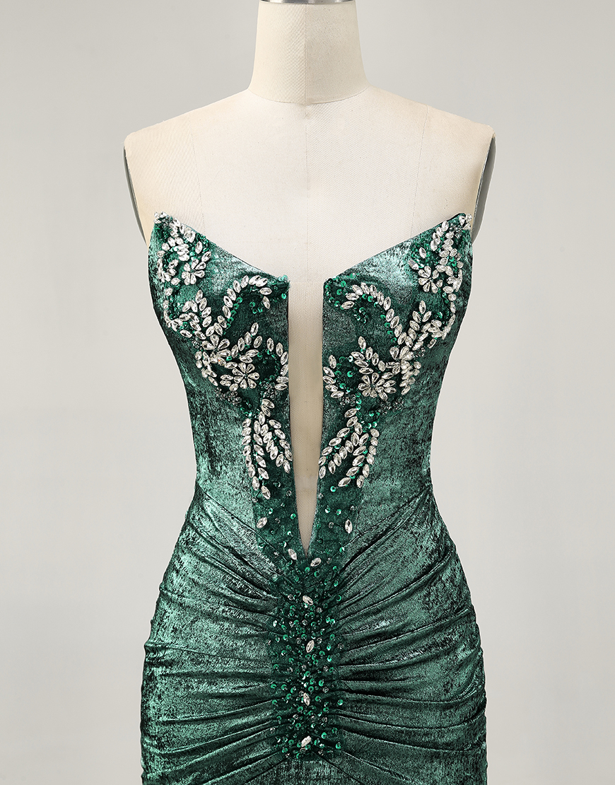 Sparkly Grey Green Metallic Strapless Bodycon Short Homecoming Dress with Beading