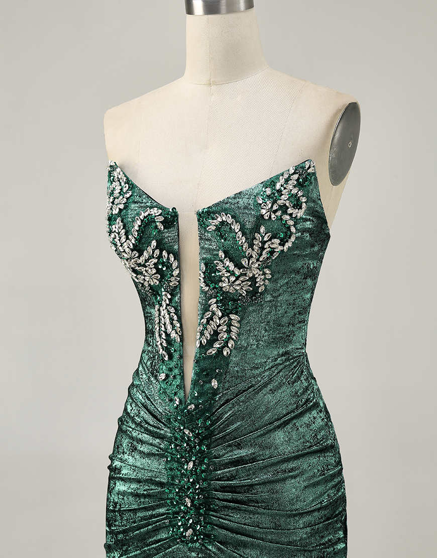 Sparkly Grey Green Metallic Strapless Bodycon Short Homecoming Dress with Beading