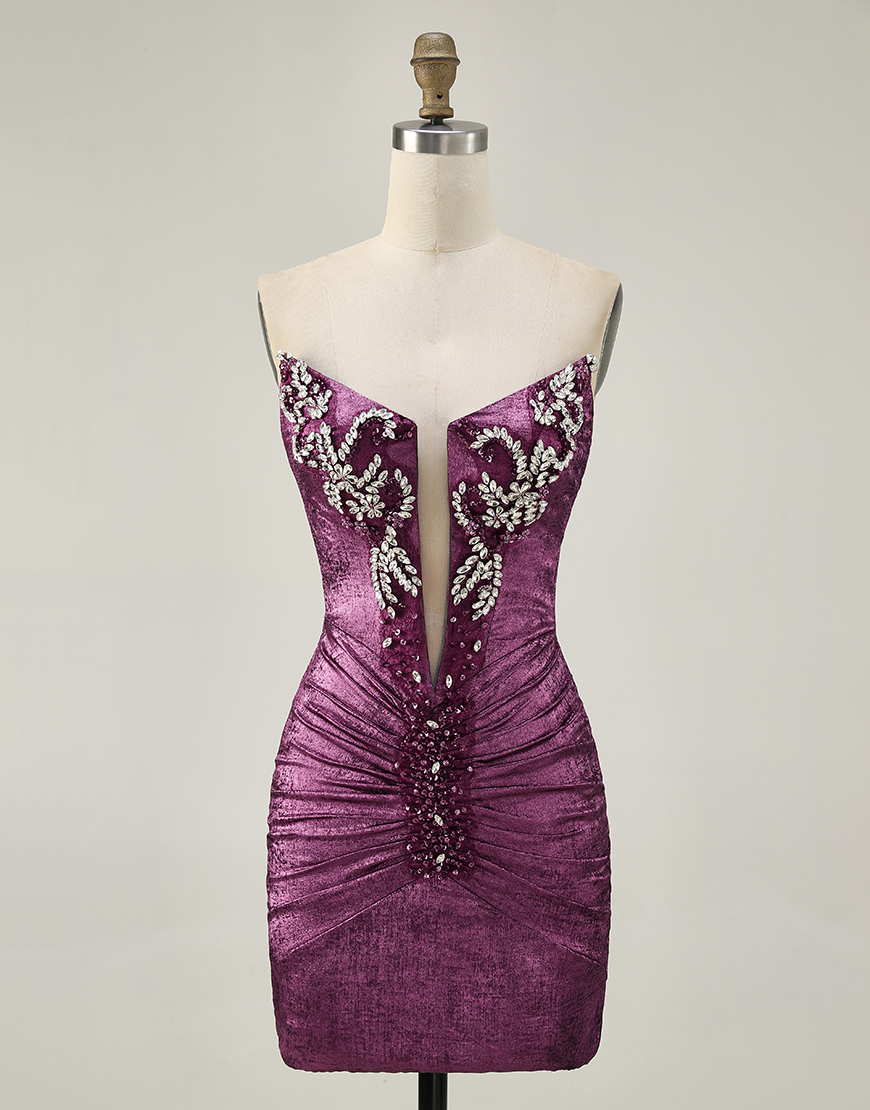 Sparkly Grey Green Metallic Strapless Bodycon Short Homecoming Dress with Beading