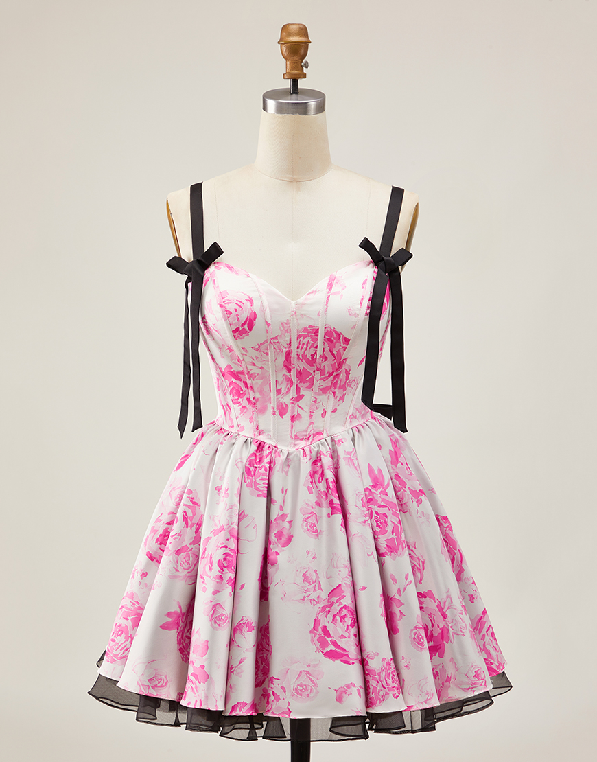 White Fuchsia Floral A Line Corset Short Homecoming Dress with Bow