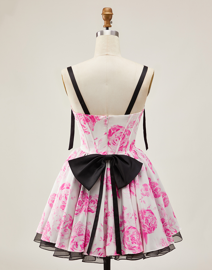 White Fuchsia Floral A Line Corset Short Homecoming Dress with Bow