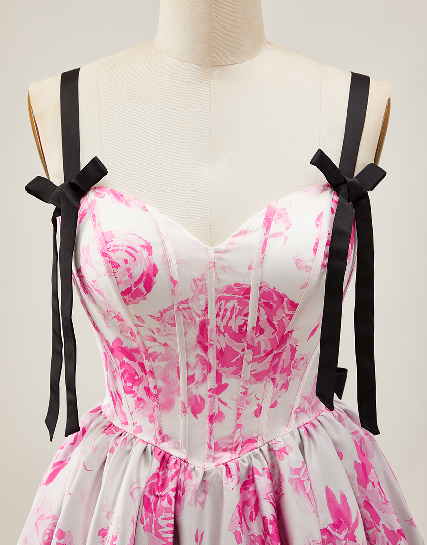 White Fuchsia Floral A Line Corset Short Homecoming Dress with Bow