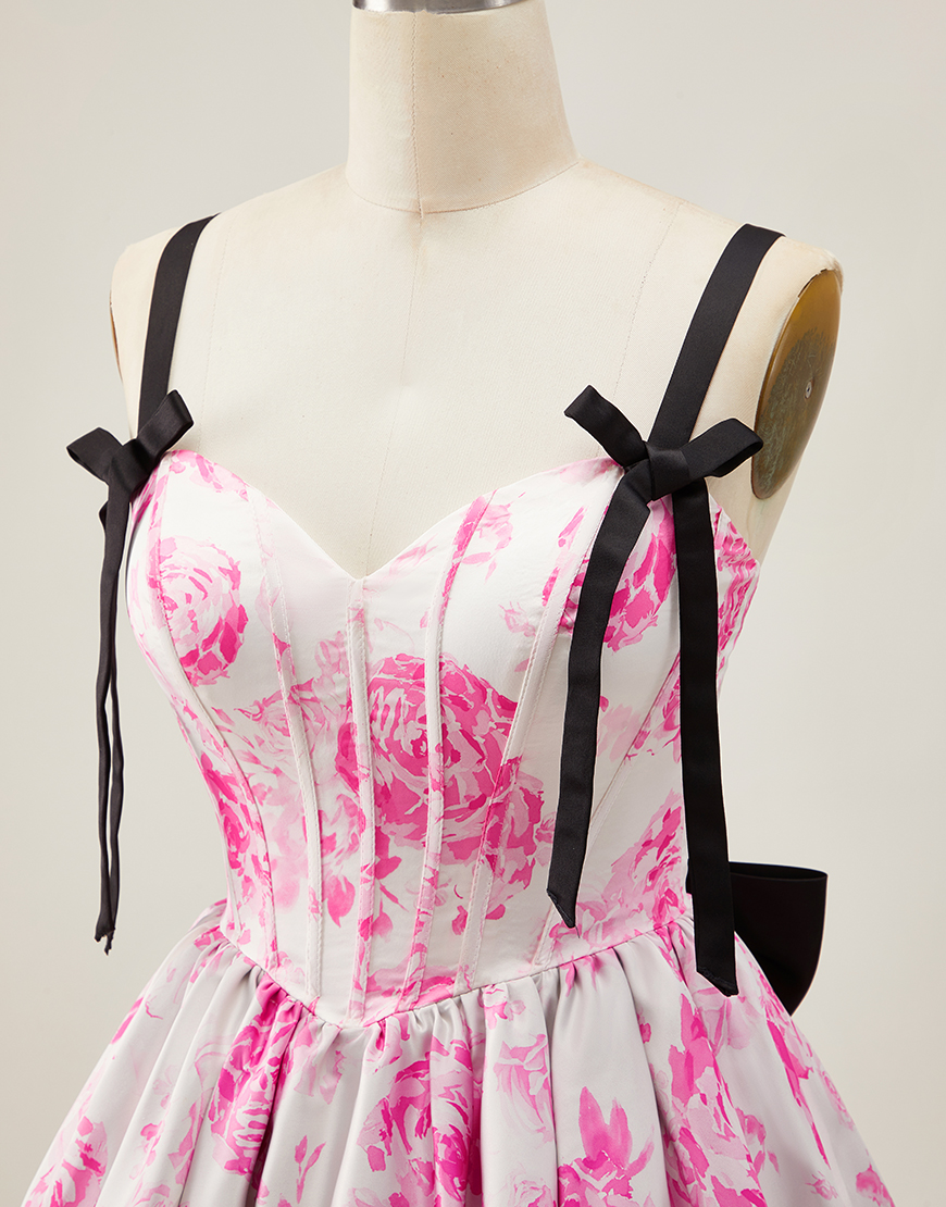 White Fuchsia Floral A Line Corset Short Homecoming Dress with Bow