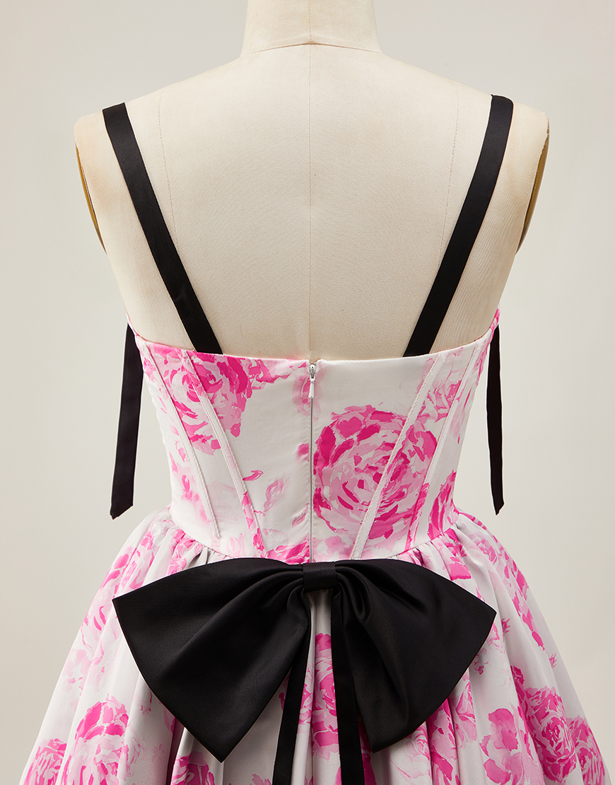 White Fuchsia Floral A Line Corset Short Homecoming Dress with Bow