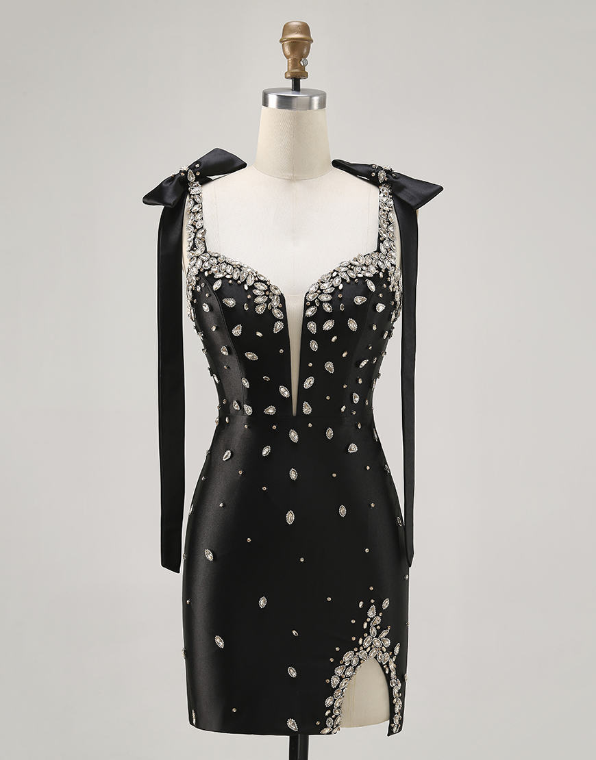 Sparkly Black Satin Short Tight Homecoming Dress with Rhinestones