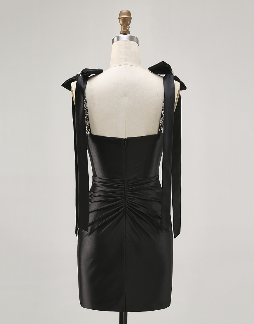 Sparkly Black Satin Short Tight Homecoming Dress with Rhinestones