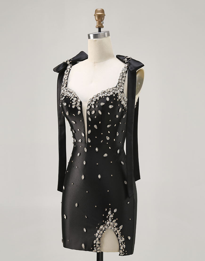 Sparkly Black Satin Short Tight Homecoming Dress with Rhinestones