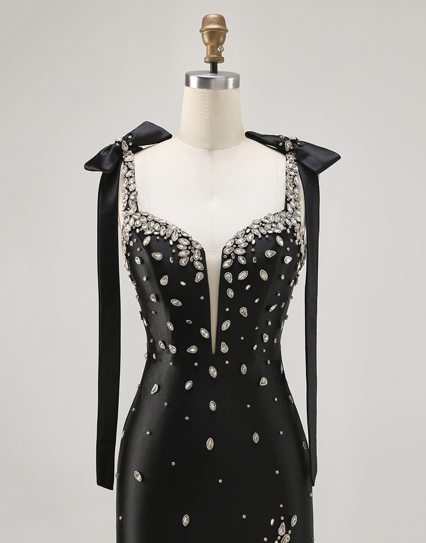 Sparkly Black Satin Short Tight Homecoming Dress with Rhinestones