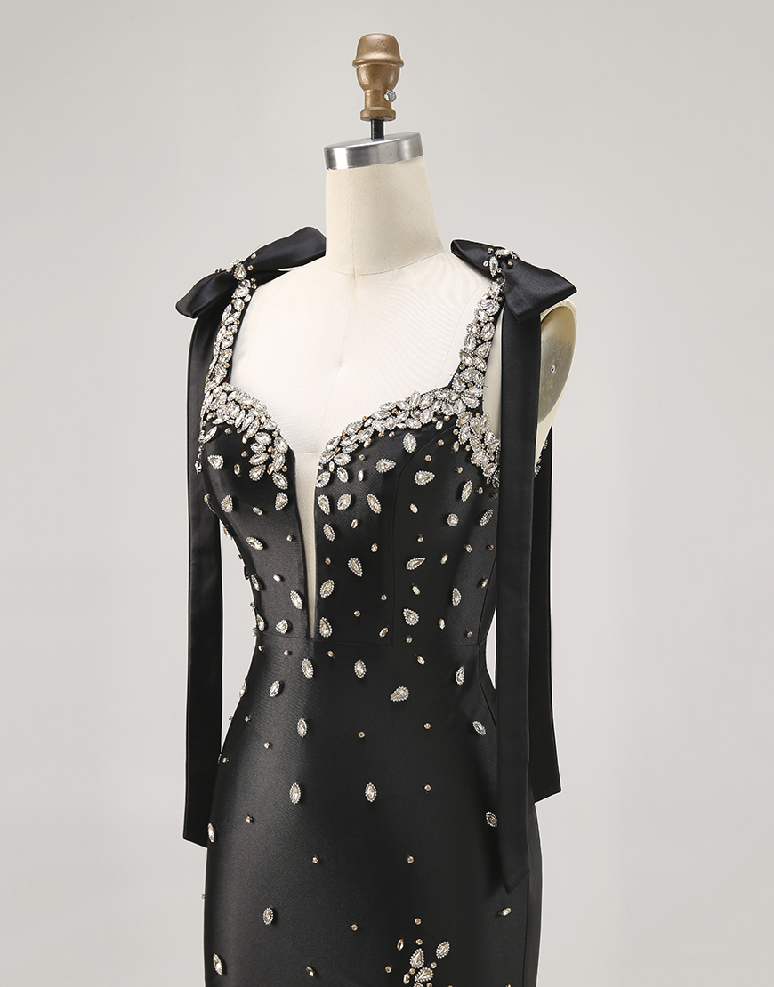 Sparkly Black Satin Short Tight Homecoming Dress with Rhinestones