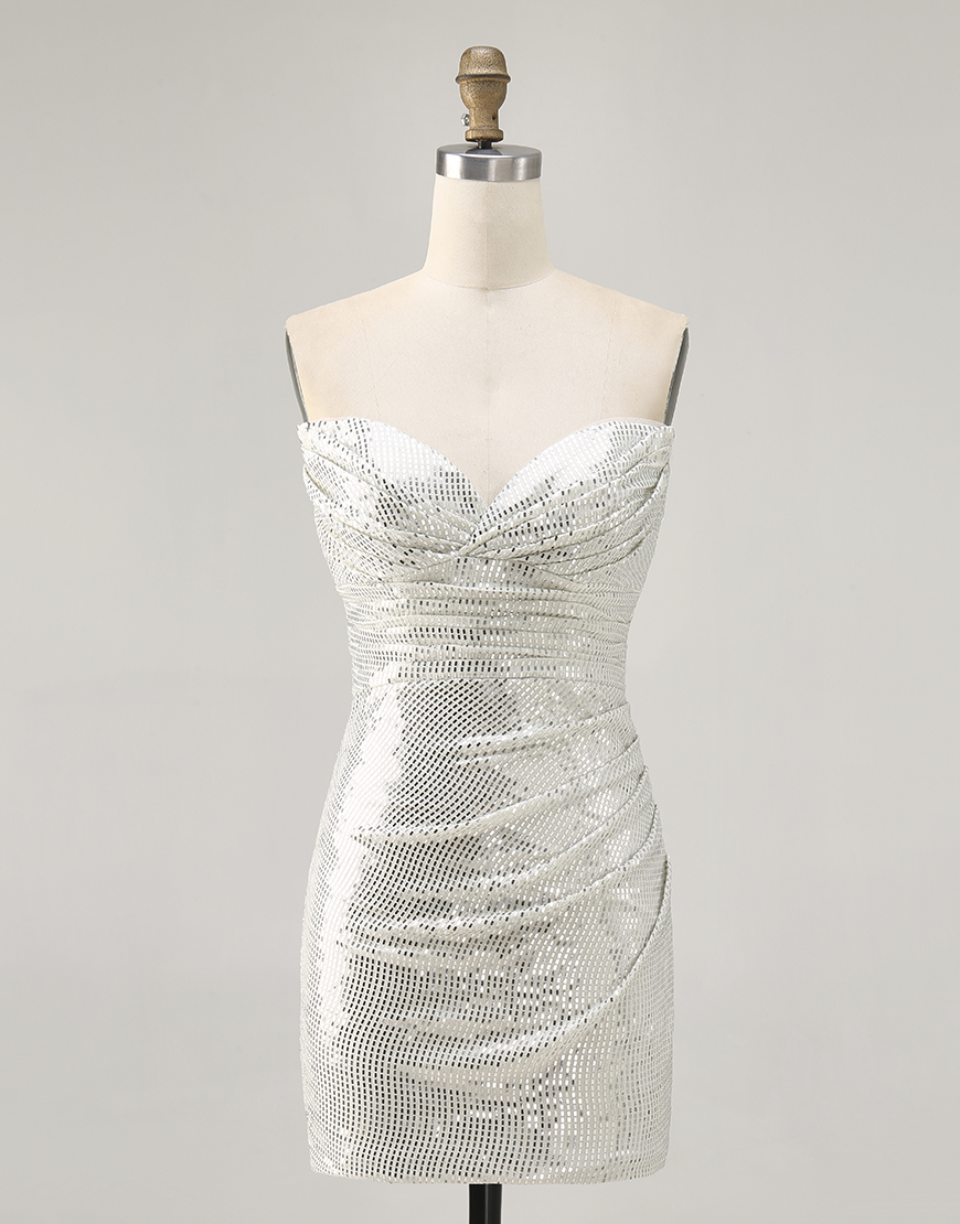 Sparkly White Silver Sequin Ruched Tight Short Homecoming Dress