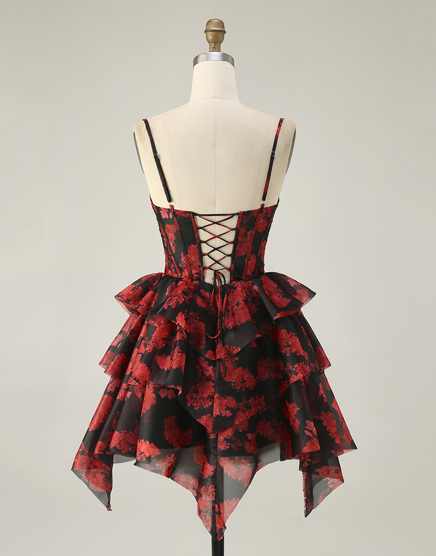 Black Red A Line Short Corset Tiered Homecoming Dress with Ruffles