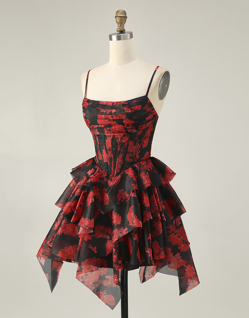 Black Red A Line Short Corset Tiered Homecoming Dress with Ruffles