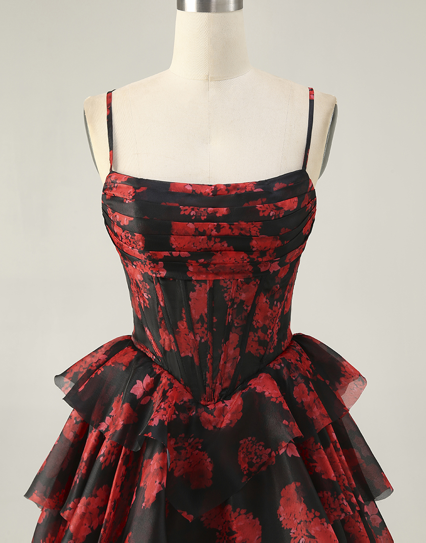 Black Red A Line Short Corset Tiered Homecoming Dress with Ruffles