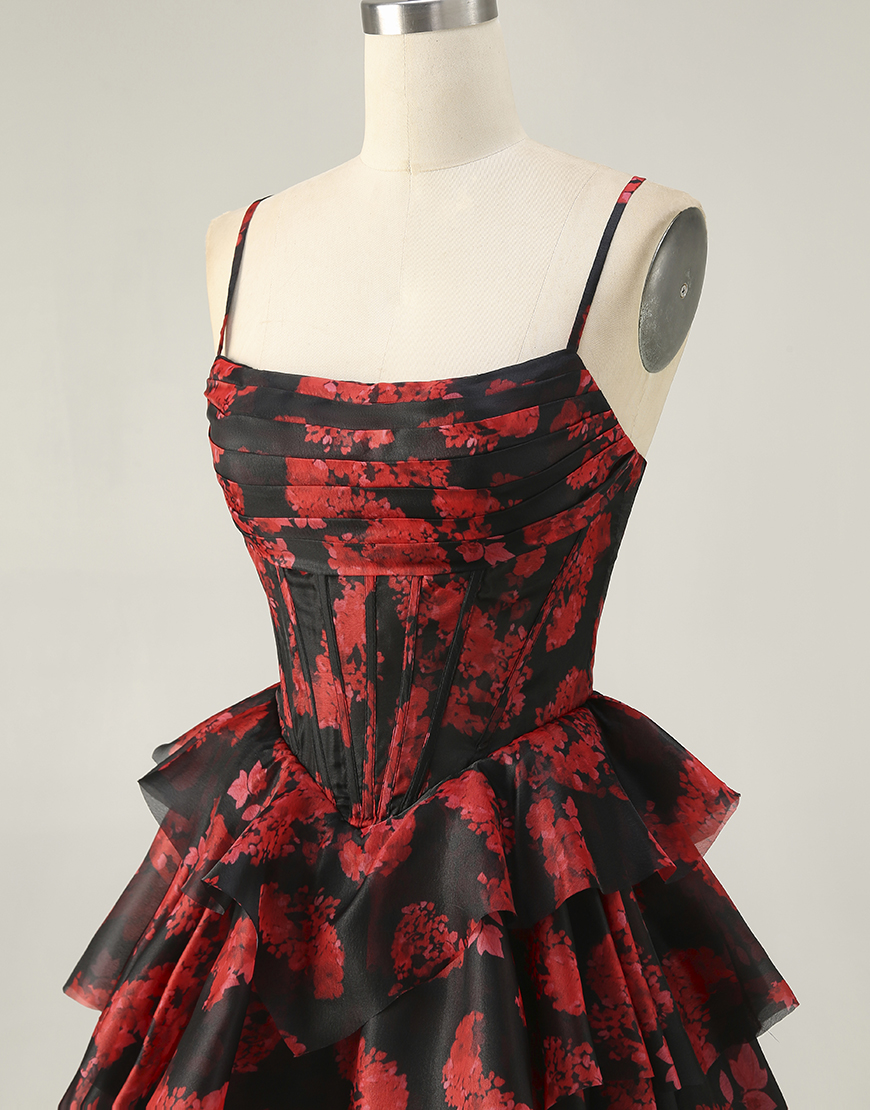 Black Red A Line Short Corset Tiered Homecoming Dress with Ruffles
