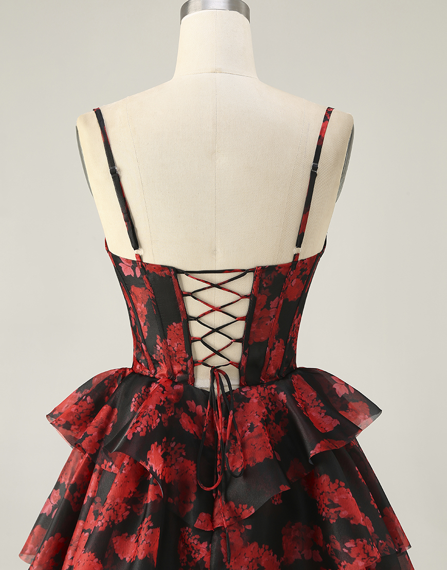 Black Red A Line Short Corset Tiered Homecoming Dress with Ruffles