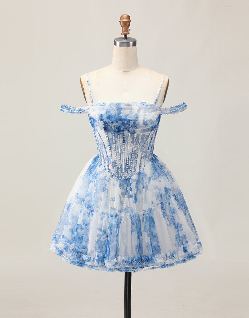 White Blue Floral A Line Cold Shoulder Short Corset Homecoming Dress