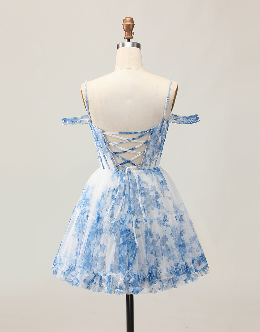 White Blue Floral A Line Cold Shoulder Short Corset Homecoming Dress