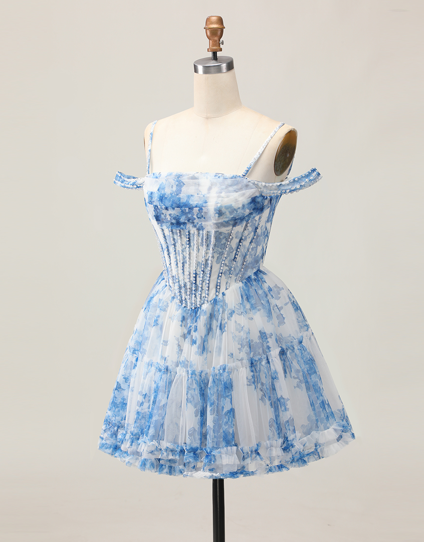 White Blue Floral A Line Cold Shoulder Short Corset Homecoming Dress