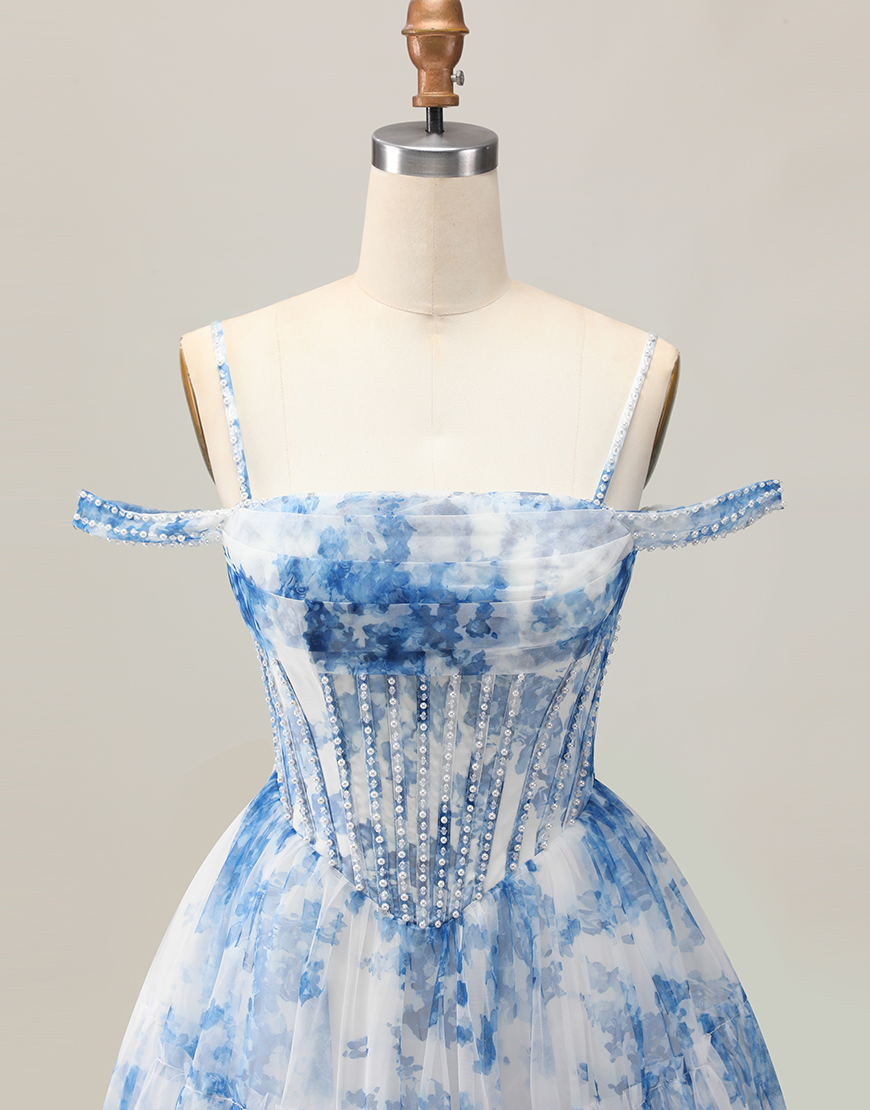 White Blue Floral A Line Cold Shoulder Short Corset Homecoming Dress