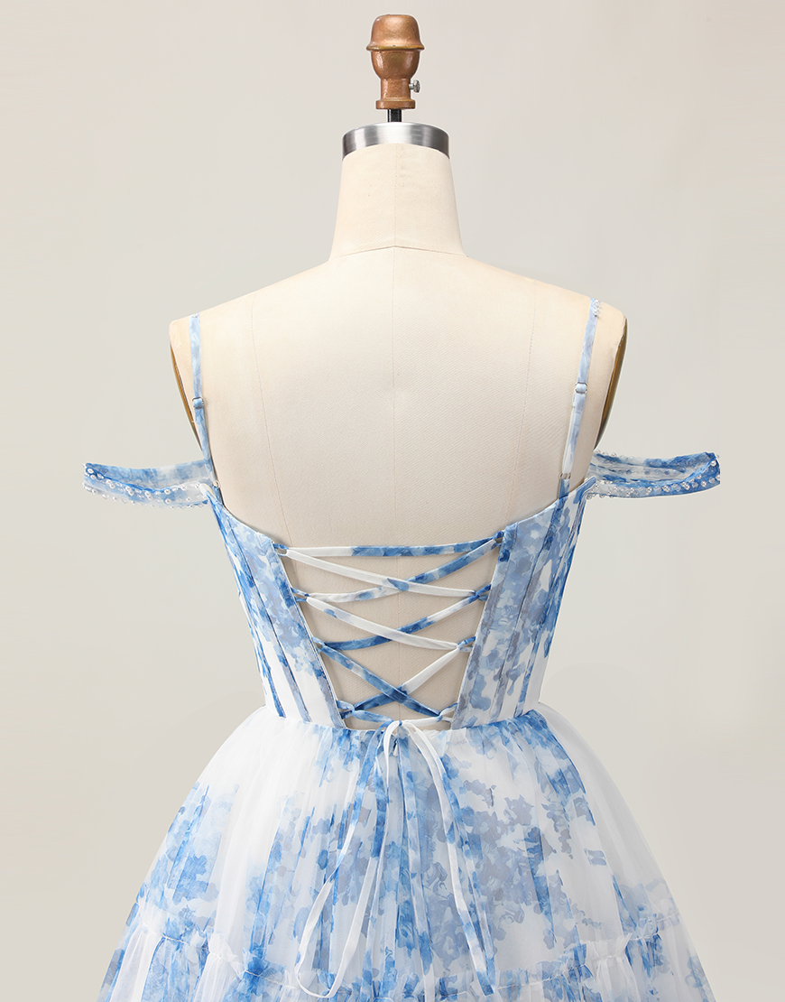 White Blue Floral A Line Cold Shoulder Short Corset Homecoming Dress