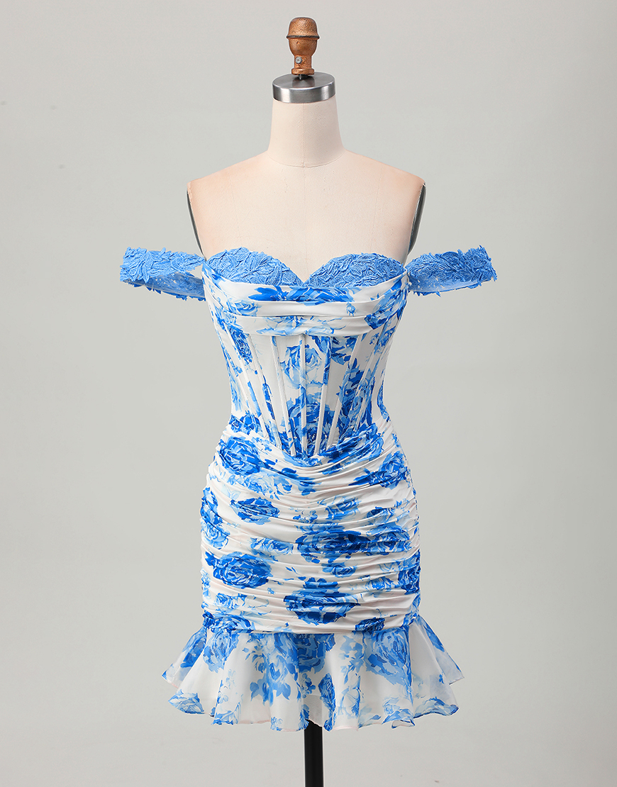 White and Blue Floral Tight Short Corset Homecoming Dress with Lace