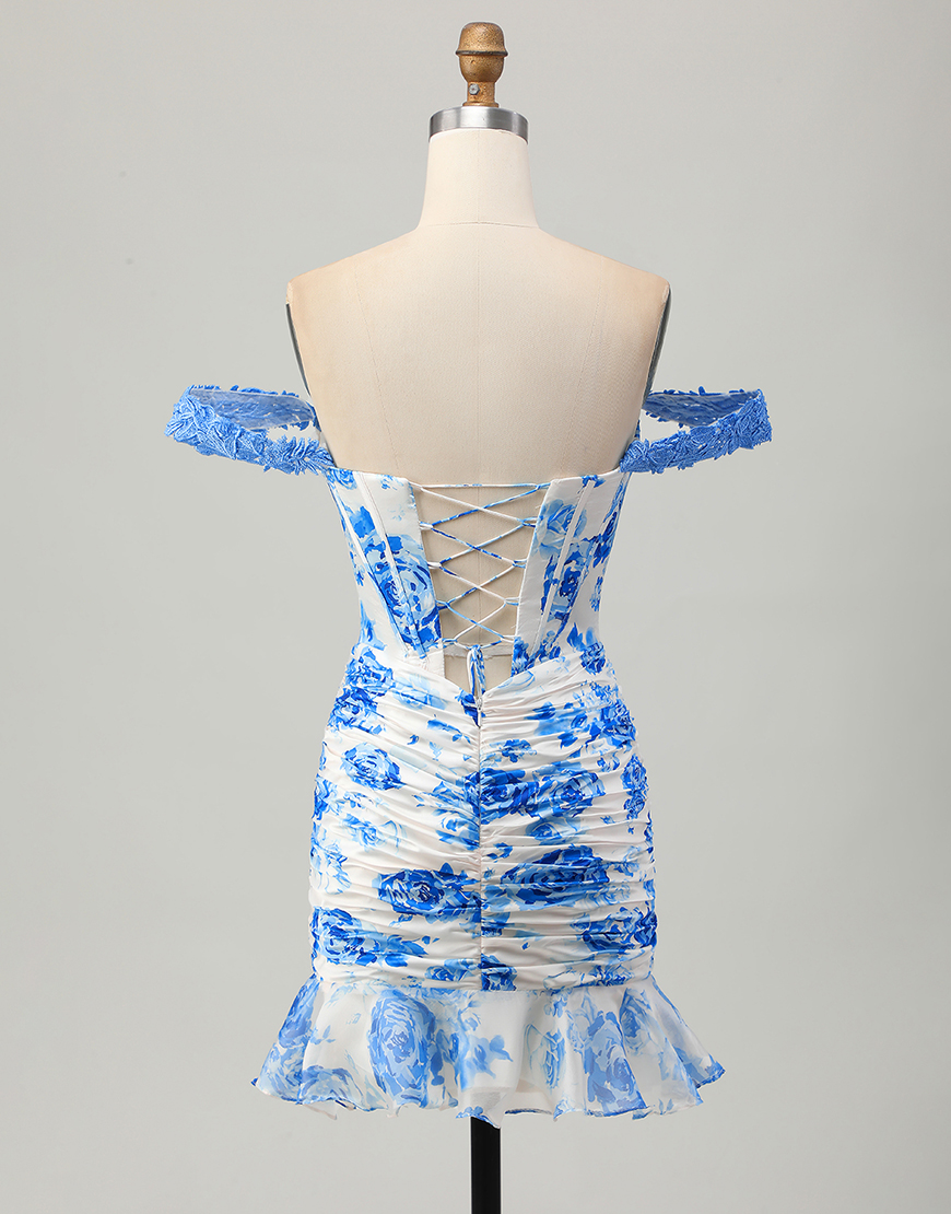 White and Blue Floral Tight Short Corset Homecoming Dress with Lace