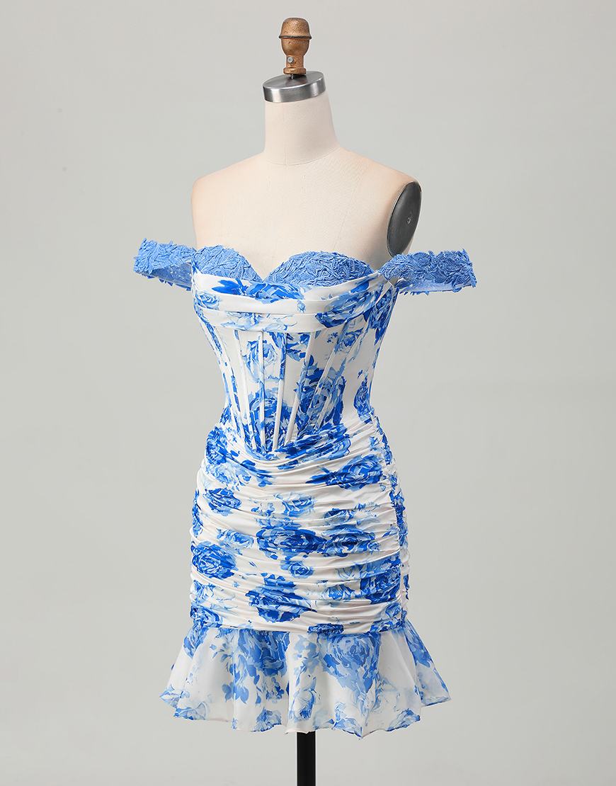 White and Blue Floral Tight Short Corset Homecoming Dress with Lace