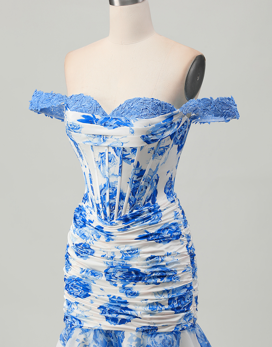 White and Blue Floral Tight Short Corset Homecoming Dress with Lace