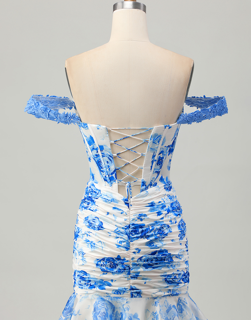 White and Blue Floral Tight Short Corset Homecoming Dress with Lace