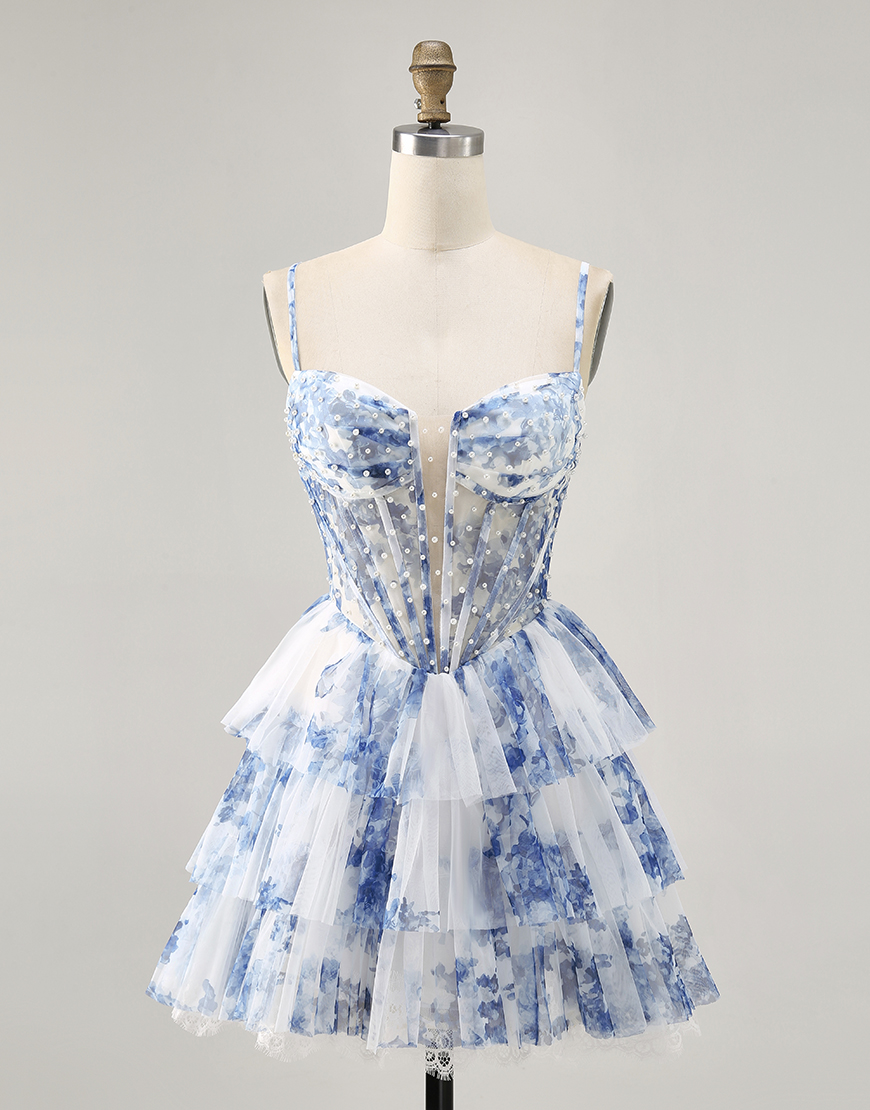 White and Blue Floral A Line Short Corset Homecoming Dress with Pearls