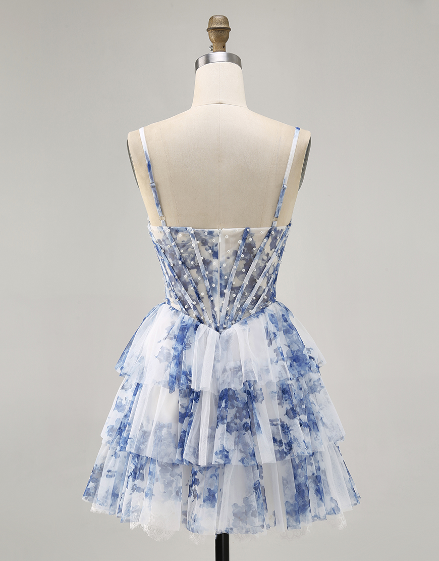 White and Blue Floral A Line Short Corset Homecoming Dress with Pearls