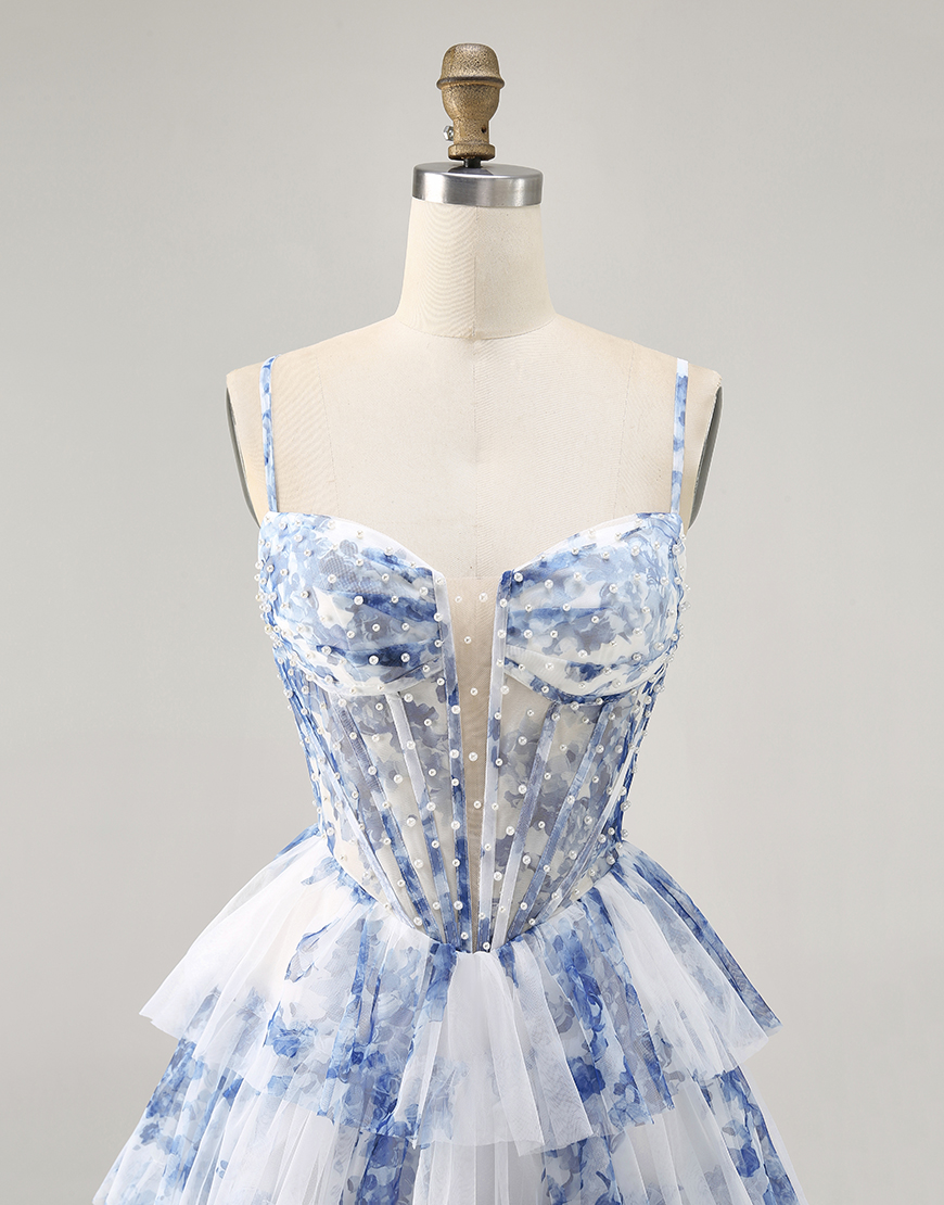 White and Blue Floral A Line Short Corset Homecoming Dress with Pearls
