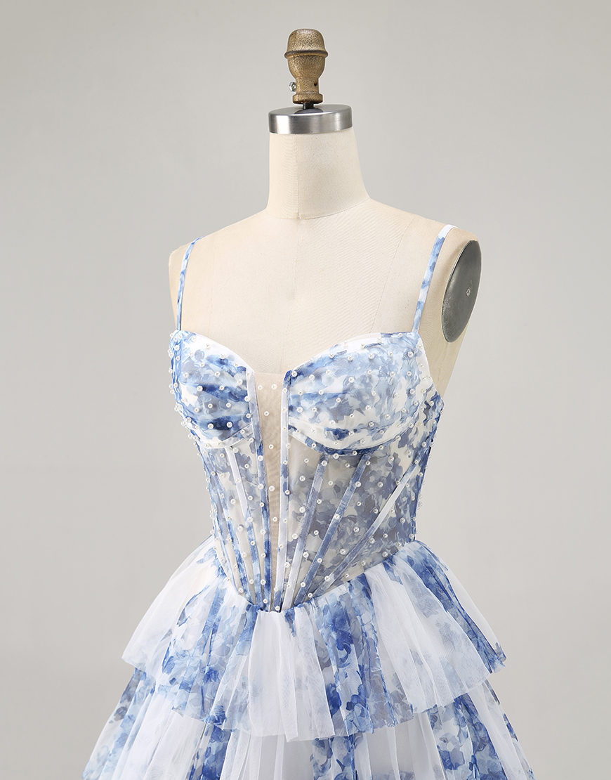 White and Blue Floral A Line Short Corset Homecoming Dress with Pearls