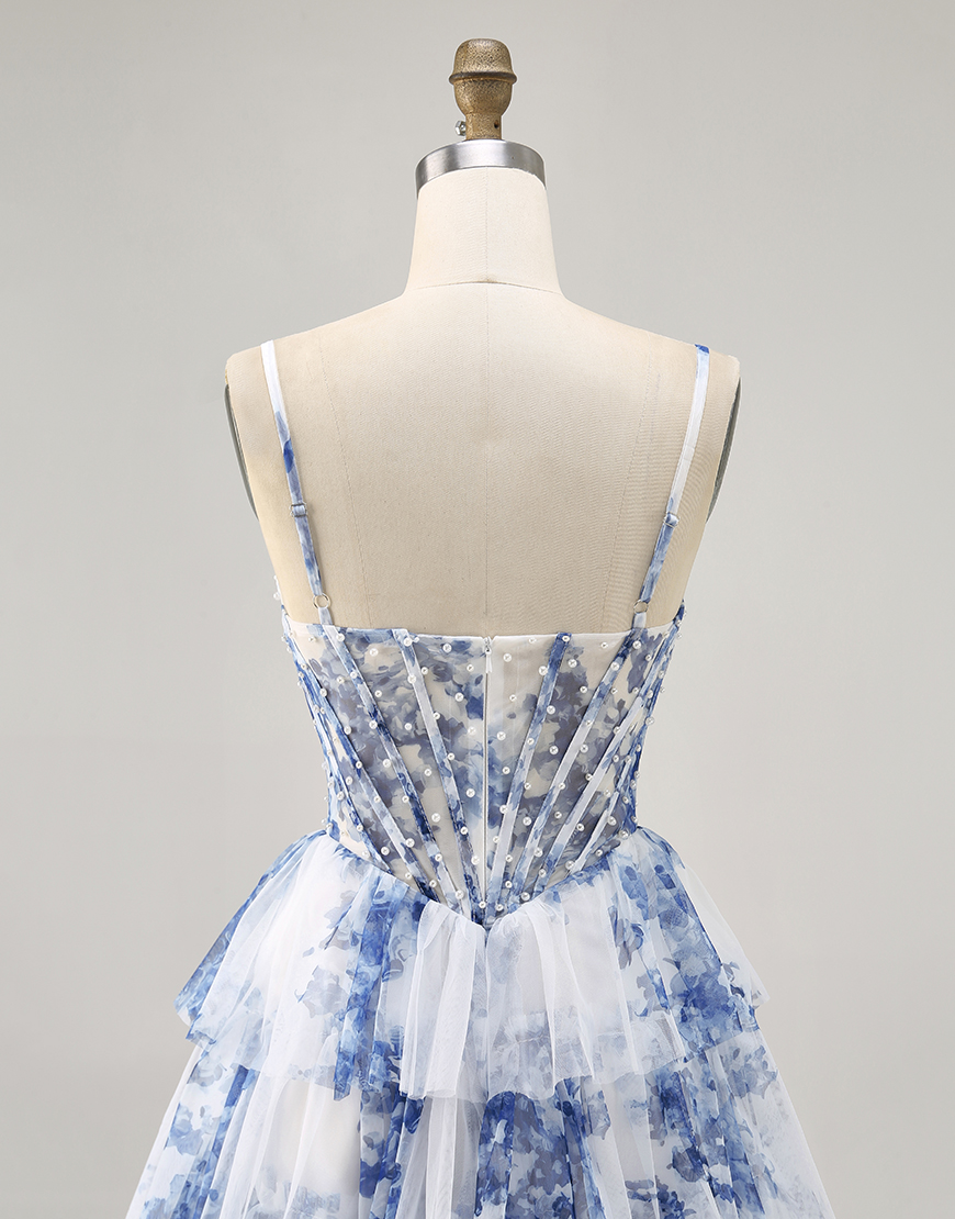 White and Blue Floral A Line Short Corset Homecoming Dress with Pearls