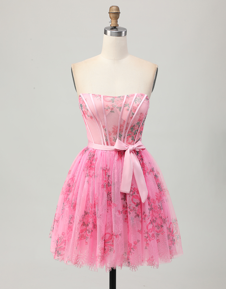 Pink Floral Strapless Short Corset Homecoming Dress with Bow